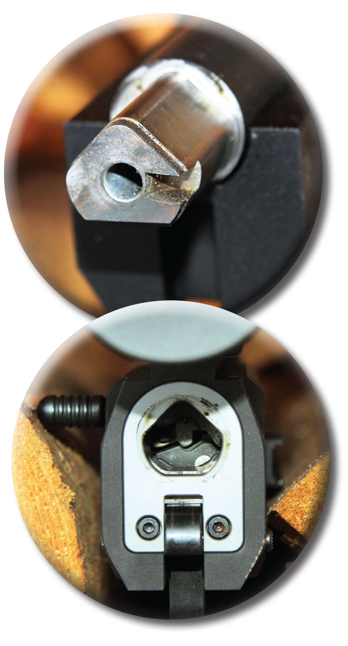 A triangular barrel stem and matching inletting on the receiver allow for quickly reassembling the VT2 Takedown Rifle by Volquartsen while ensuring proper alignment of key working mechanisms.